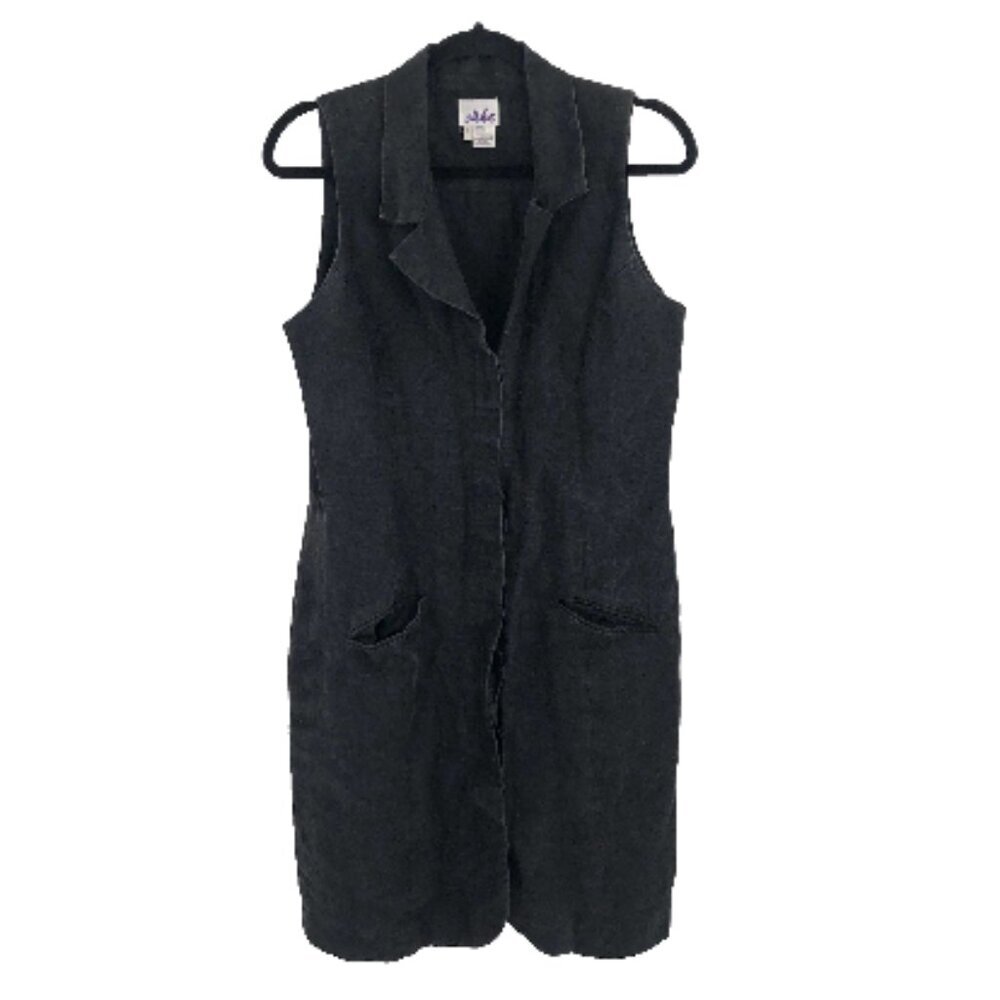 SAKE Black Linen Dress 14 100% Linen Y2K 00s Vintage Women Sleeveless Pockets